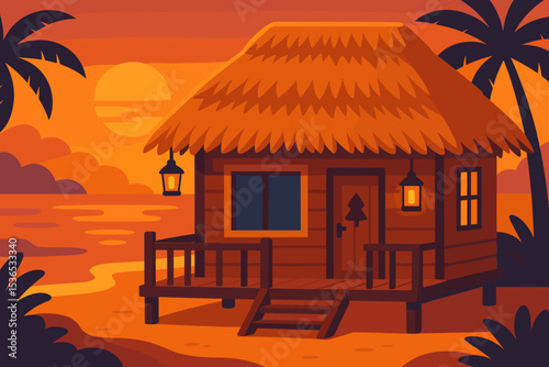 Beachfront Bungalow Sunset. Vector illustration of beachfront bungalow with straw roof, wooden deck, and glowing lanterns at