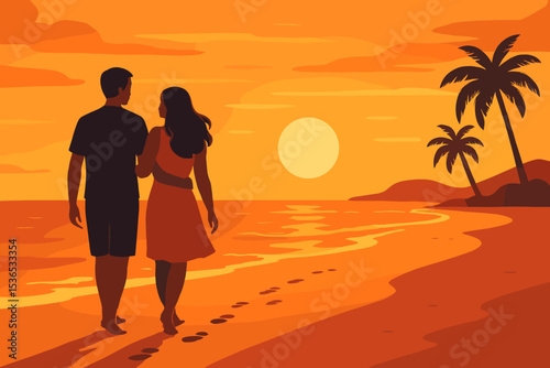 Sunset Beach Stroll. Vector illustration of couple taking a walk along the beach at sunset with footprints in the sand and orange