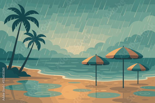 Tropical Rainy Beach. Vector illustration of calm tropical rain shower on the beach with umbrellas, puddles, and wet sand glow