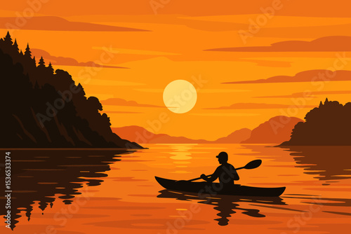 Sunset Kayak Adventure. Vector illustration of sunset kayak trip along island coast with silhouette reflections and warm glow