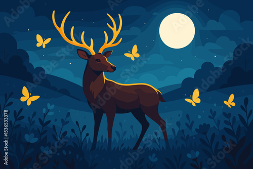 Deer in Moonlit Meadow. Vector illustration of deer with golden antlers standing in a magical meadow with fluttering butterflies