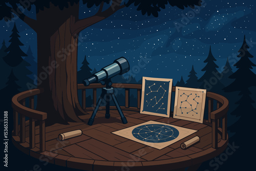 Forest Observatory Platform. Vector illustration of a forest observatory tree platform with telescope, star maps, and night sky