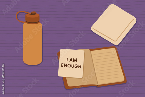 Yoga Essentials Flatlay. Vector illustration of yoga mat flatlay with water bottle, towel, journal, and affirmation card