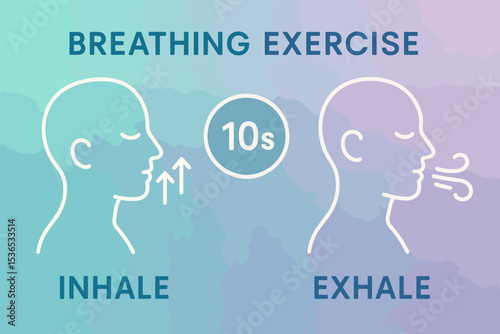 Breathing Exercise Guide. Vector illustration of breathing exercise guide with inhale/exhale icons, timer, and calm color