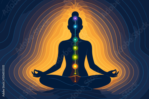 Meditative Chakra Alignment. Vector illustration of person meditating with aura lines, chakras illustrated, and balanced energy