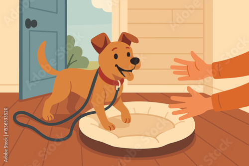Homecoming for Rescue Dog. Vector illustration of rescued dog arriving home for the first time with leash, soft bed, and open arms