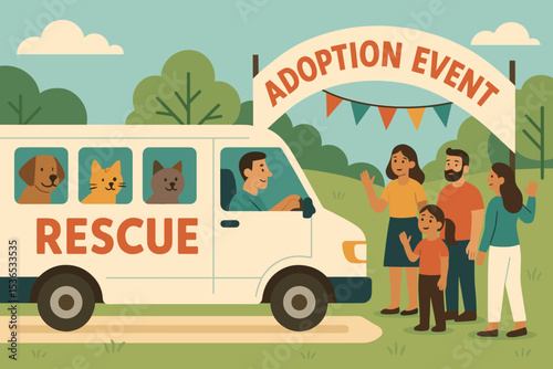 Rescue Van Arrival. Vector illustration of rescue van arrival at event with animals inside ready to meet their new families