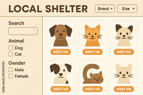 Animal Shelter Interface. Vector illustration of local shelter website interface with adoptable pets grid, filters, and “meet me”