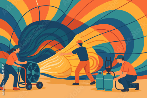 Hot Air Balloon Prep. Vector illustration of balloon crew inflating fabric with giant fans, propane tanks, and swirling colors