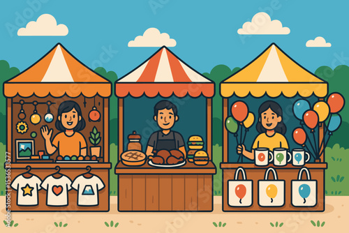 Festival Marketplace Scene. Vector illustration of vendor tents at the event with souvenirs, food stalls, and balloon-themed
