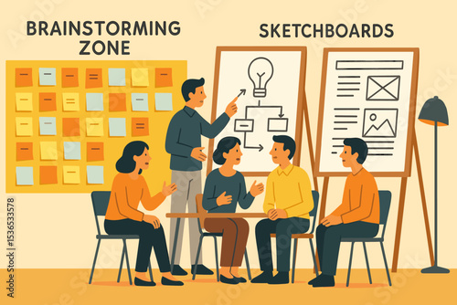 Creative Brainstorming Zone. Vector illustration of creative brainstorming zone with sticky notes wall, sketchboards, and group