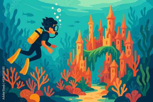 Underwater Kingdom Discovery. Vector illustration of a young diver discovering a hidden kingdom with coral towers and seaweed
