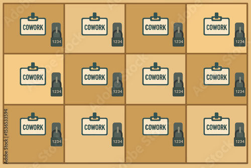 Coworking Locker Wall. Vector illustration of personal locker wall in coworking area with coded locks and branded name tags