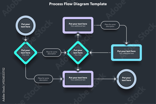 Simple modern template for process flow diagram - dark version. Flat infographic design for website or data presentation.