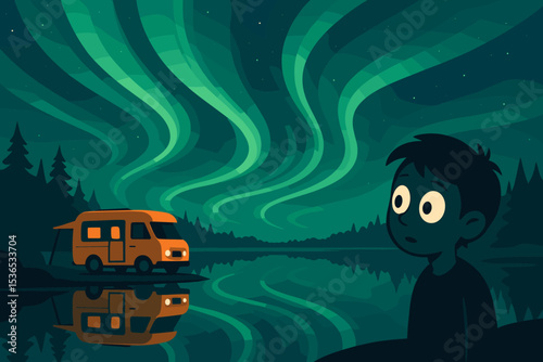 Aurora Over Tranquil Lake. Vector illustration of northern lights view with camper, reflection in lake, and wide-eyed observer