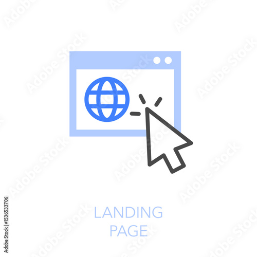 Simple visualised landing page icon symbol with a web browser and a clicking mouse cursor.