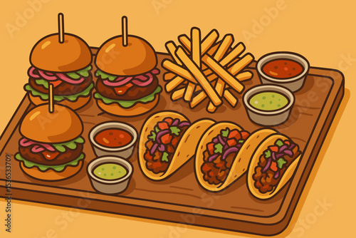 Fusion Street Food Tray. Vector illustration of fusion street food tasting tray with sliders, fries, sauces, and mini tacos