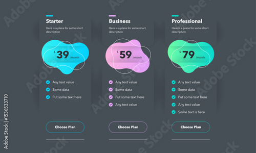 Pricing table design with three colorful subscription plans - dark version. Flat infographic design template for website or presentation.