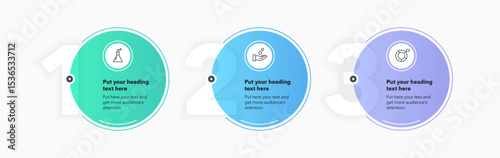 Infographic label design template with three options or steps. Flat circular process diagram with numbers and icons for workflow layout, presentation or web design.