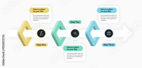 Horizontal process flow diagram with three steps. Flat presentation template with an arrow and minimalistic icons for data visualization.