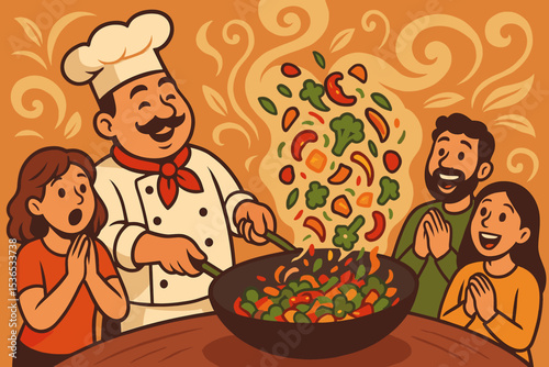 Chef's Stir-Fry Showcase. Vector illustration of chef tossing stir-fry in giant pan surrounded by hungry customers and food aromas