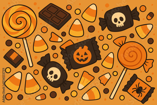 Halloween Candy Spread. Vector illustration of Halloween candy spread with lollipops, chocolate, candy corn, and spooky wrappers