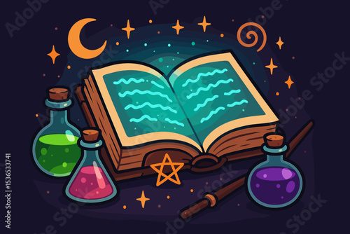 Magical Halloween Spellbook. Vector illustration of magical Halloween spellbook with glowing text, potions, wand, and enchanted