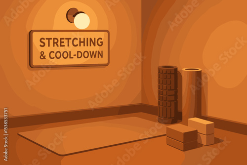 Stretching Corner Essentials. Vector illustration of stretching and cool-down corner with foam rollers, blocks, and ambient