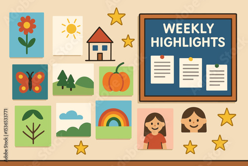 Creative Classroom Showcase. Vector illustration of classroom wall covered with student artwork, gold stars, and weekly highlights