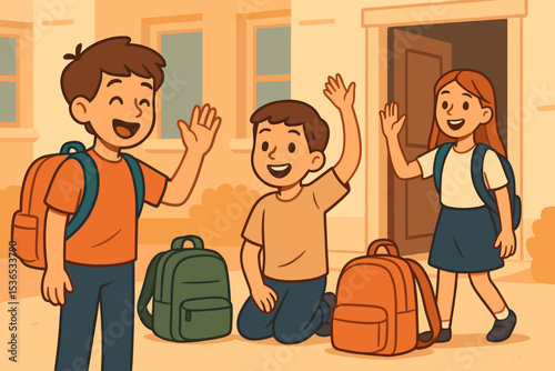End-of-Day Joy. Vector illustration of end-of-day moment with backpacks packed, goodbyes waved, and smiles all around