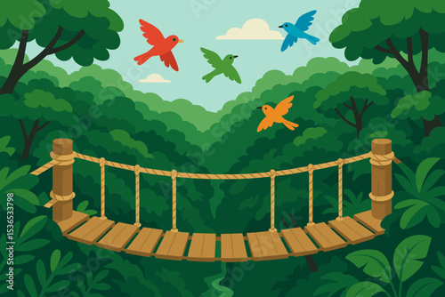 Rope Bridge Adventure. Vector illustration of rope bridge crossing over jungle ravine with lush trees and colorful birds flying