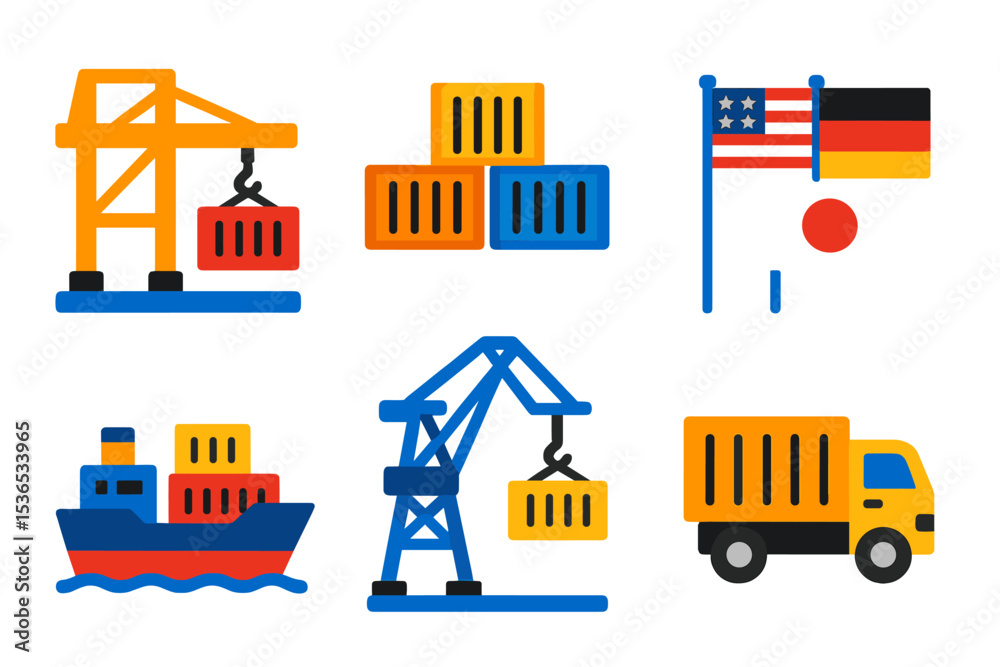 Modern Port Terminal Icons. Isometric flat vector illustration of a port terminal with cranes, shipping containers, and