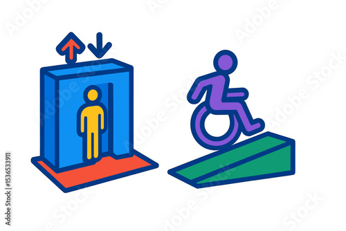 Transit Accessibility Icons. Isometric flat vector illustration of a transit accessibility icon showing elevator access and