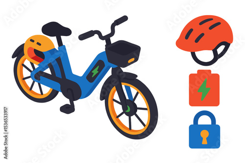 Electric Bicycle Icons. Isometric flat vector illustration of an electric shared bicycle with battery pack, helmet slot, and smart