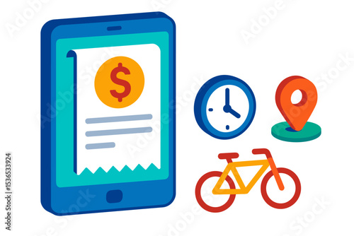Bike Share Payment Icons. Isometric flat vector illustration of a bike share payment receipt displayed on a digital screen with