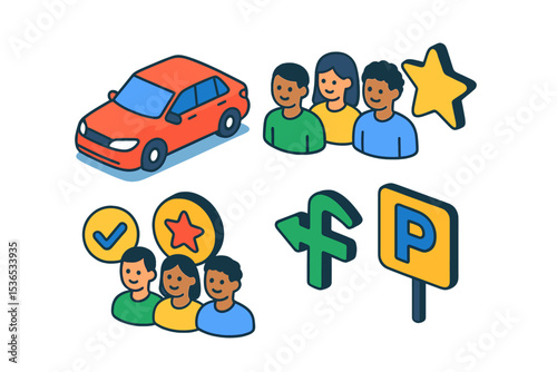 Carpool Incentive Icons. Isometric flat vector illustration of a carpool incentive banner offering free rides, rewards, and