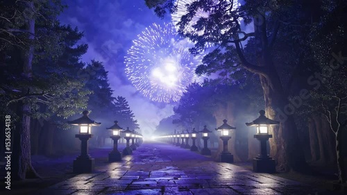 Traditional Japanese shrine pathway lined with stone lanterns under a dark forest canopy, distant fireworks illuminating the sky in a serene summer night scene