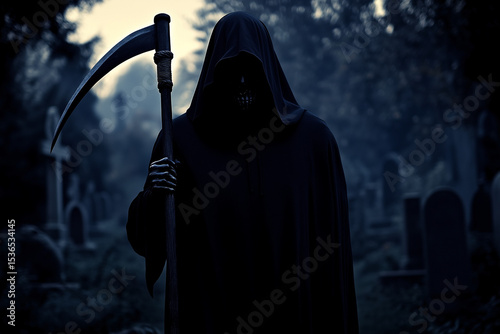 Death in cloak with hood and scythe in hand on old cemetery background.