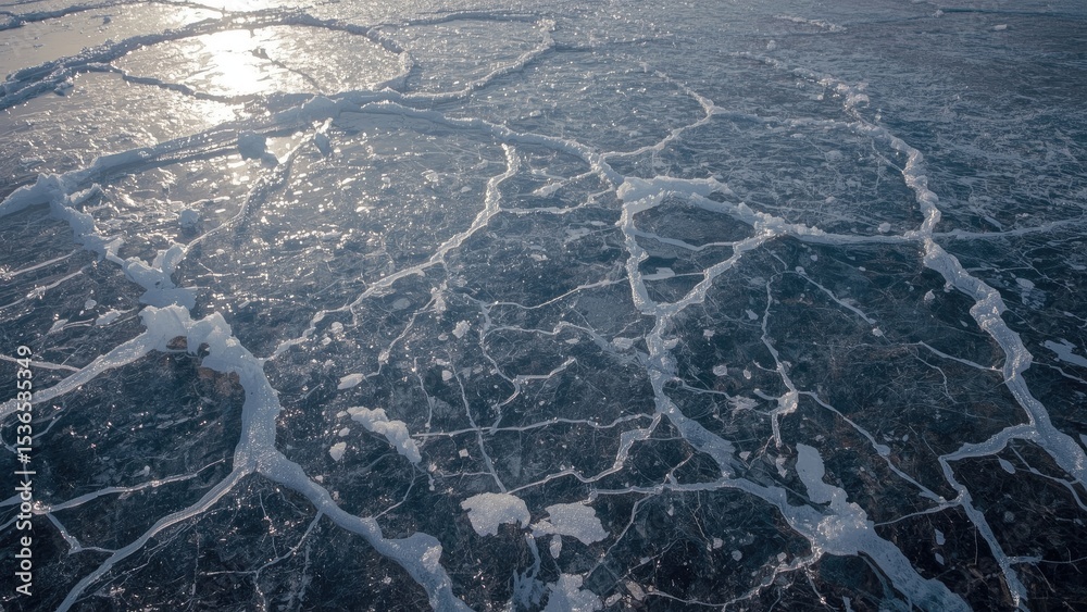 Naklejka premium A stunning view of cracked ice formations on a serene body of water reflecting soft sunlight.