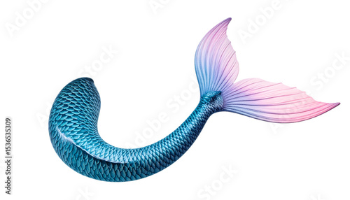 A vibrant mermaid tail isolated on transparent background, showcasing iridescent blues and pinks 