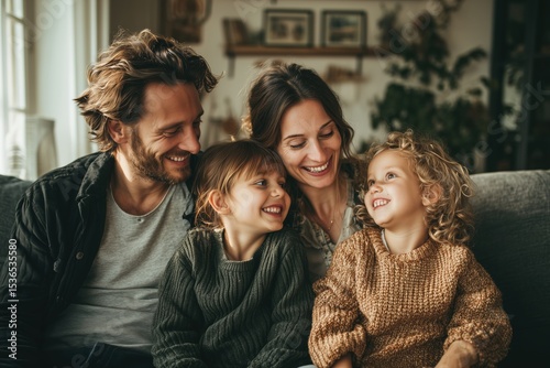 Happy family relaxing together on cozy sofa at home


