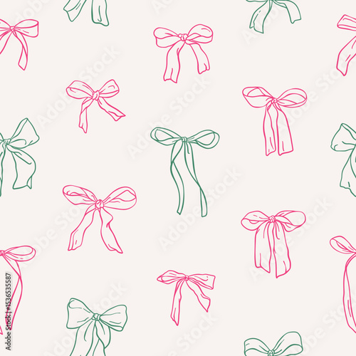 Hand drawn seamless pattern of different bows and gift ribbons. Doodle background with various hand drawn bowknots in sketch style. Vintage design for print, packaging, wrapping paper, fabric