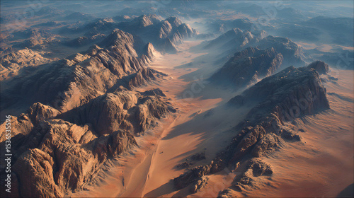 aerial shot over Wadi Rum Cliffs deep