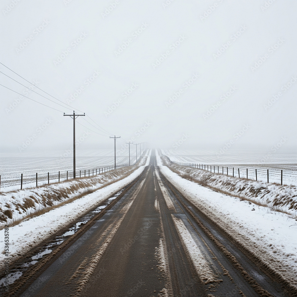 Naklejka premium country road with telephone poles fading into snowy fog