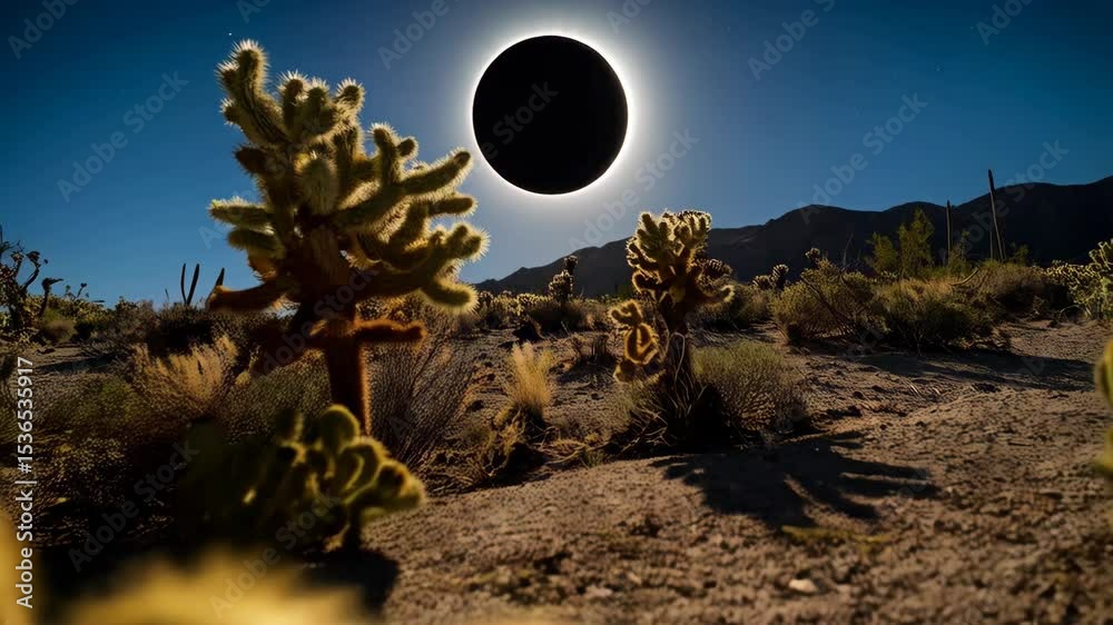 A total solar eclipse view over the desert landscape with cactus plants against clear blue sky and dark mountain range