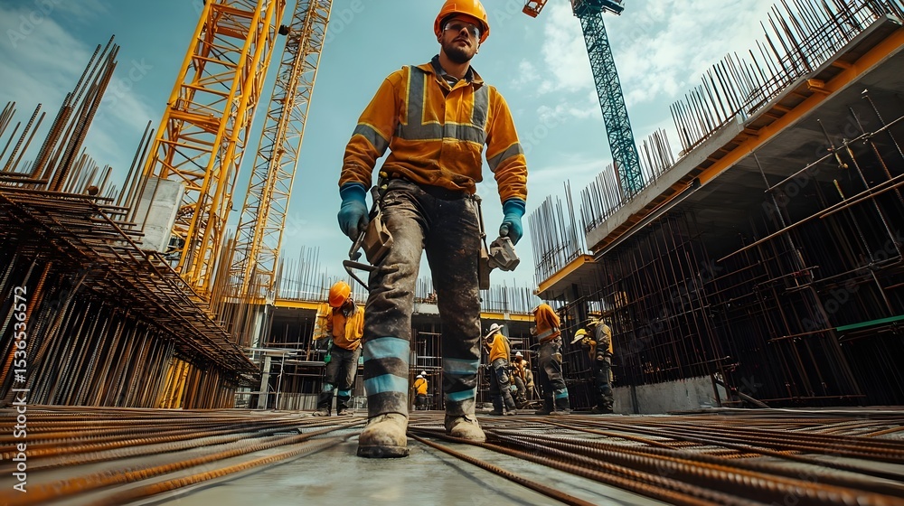 Naklejka premium Construction Worker on Site High Angle View of a Male Builder at a Modern Building Site