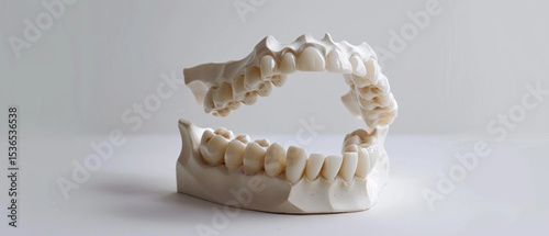 Model of jaw with teeth, Used in medical articles and dental education materials.