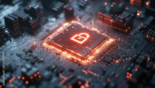 Cybersecurity concept: illuminated padlock on advanced computer processor