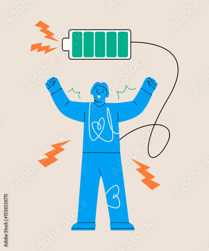 Concept of adequate rest. Energized woman, confidence. Colorful vector illustration