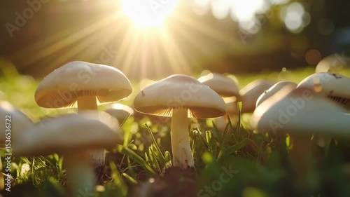 Mushrooms growing in grass with golden sunlight shining through trees, creating magical and ethereal atmosphere, nature background, close up